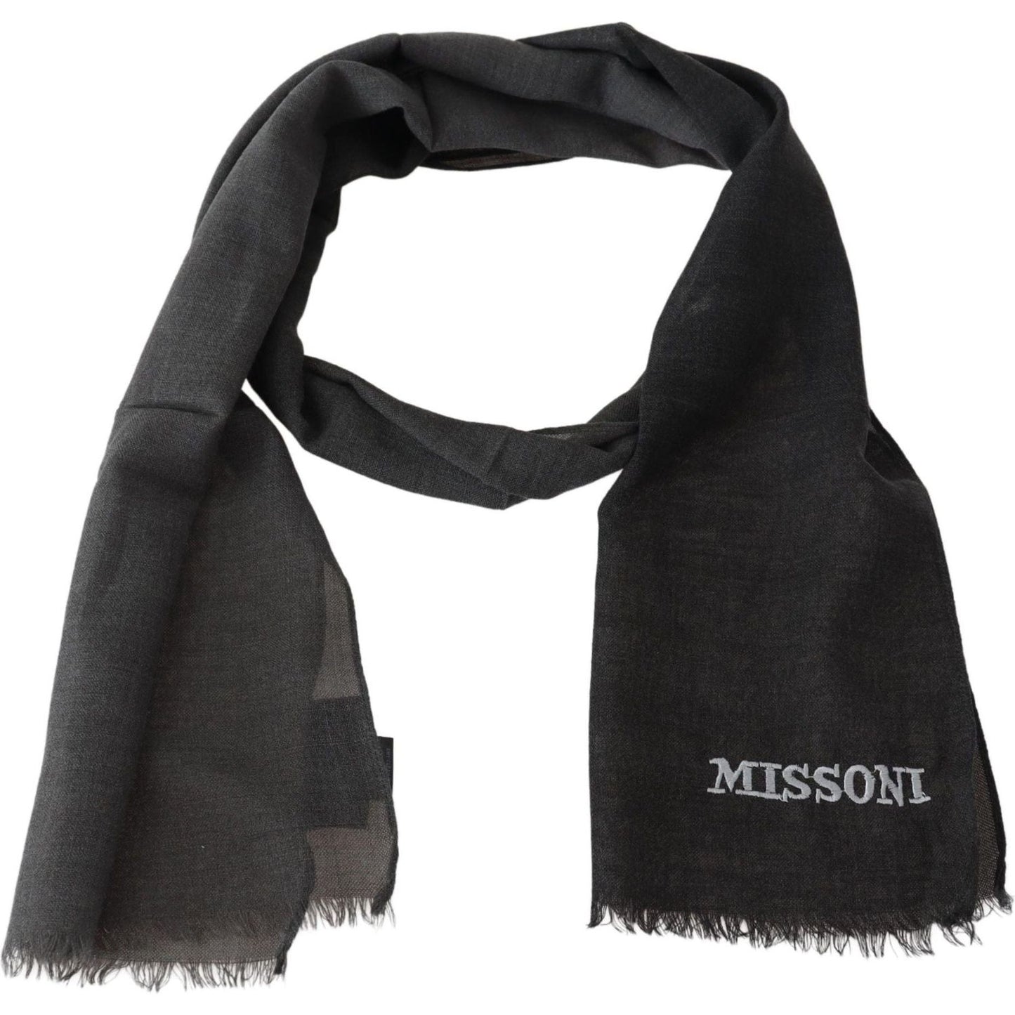 Missoni Gray Wool Unisex Neck Wrap Shawl Fringes Logo Scarf
