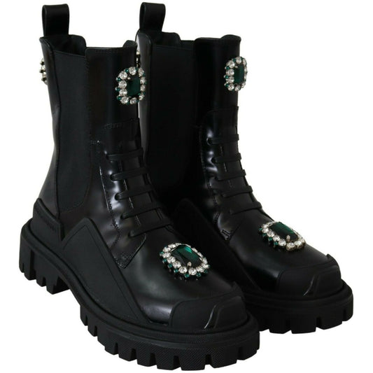 Dolce & Gabbana Black Leather Crystal Combat Boots LA8784-35.5