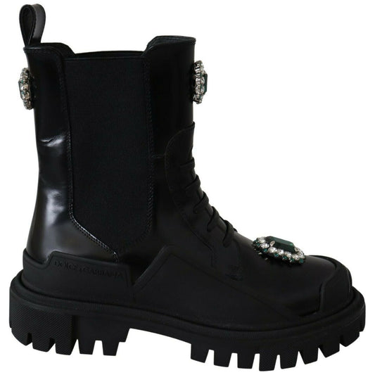 Dolce & Gabbana Black Leather Crystal Combat Boots LA8784-35.5