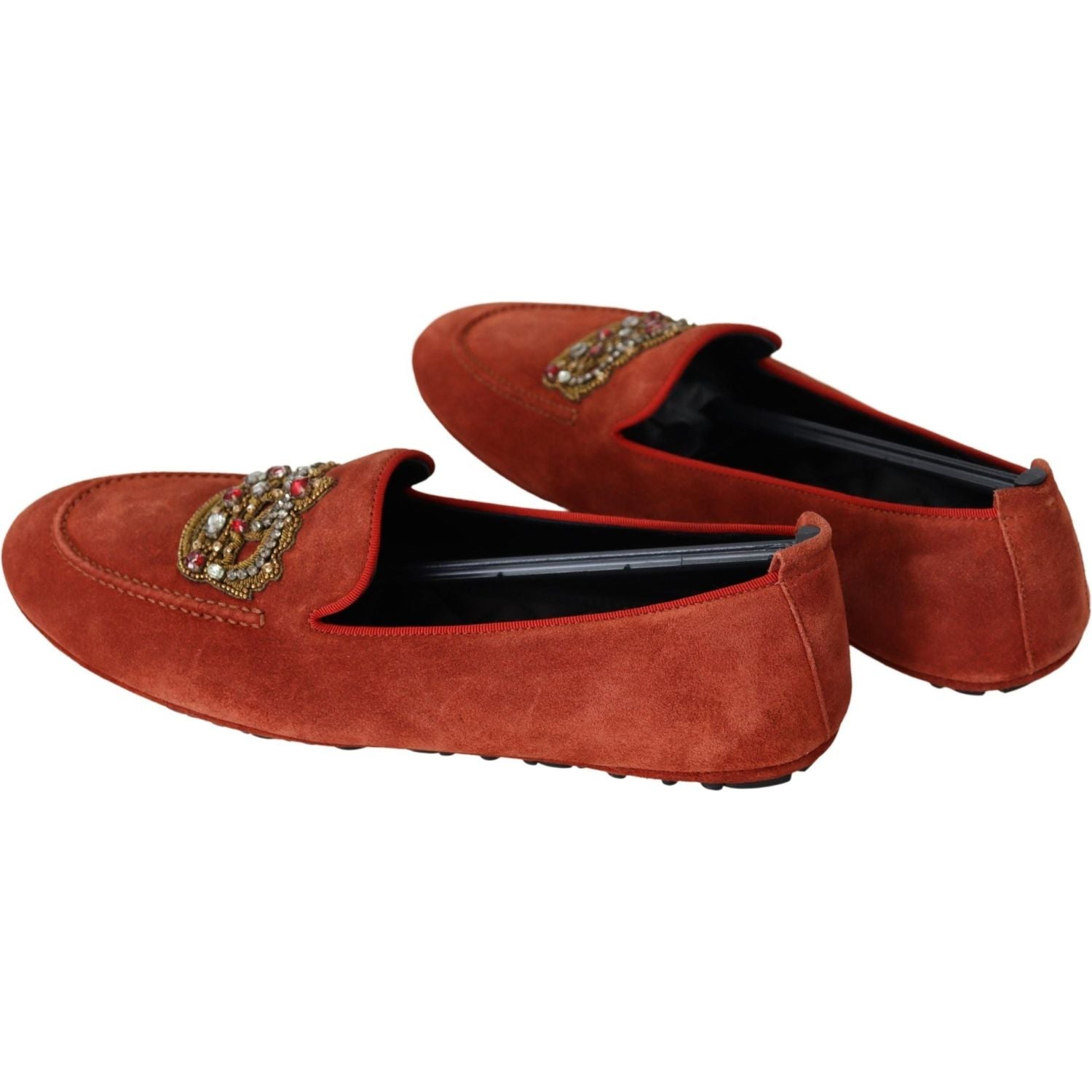 Dolce & Gabbana Orange Leather Crystal Crown  Loafers Shoes