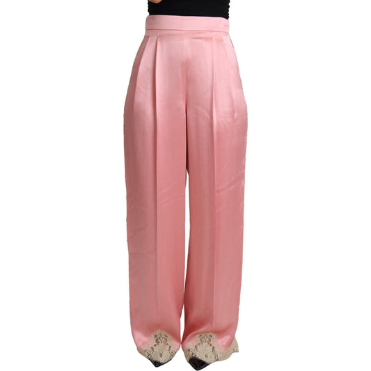 Dolce & Gabbana Pink Lace Trimmed Silk Satin Wide Legs Pants