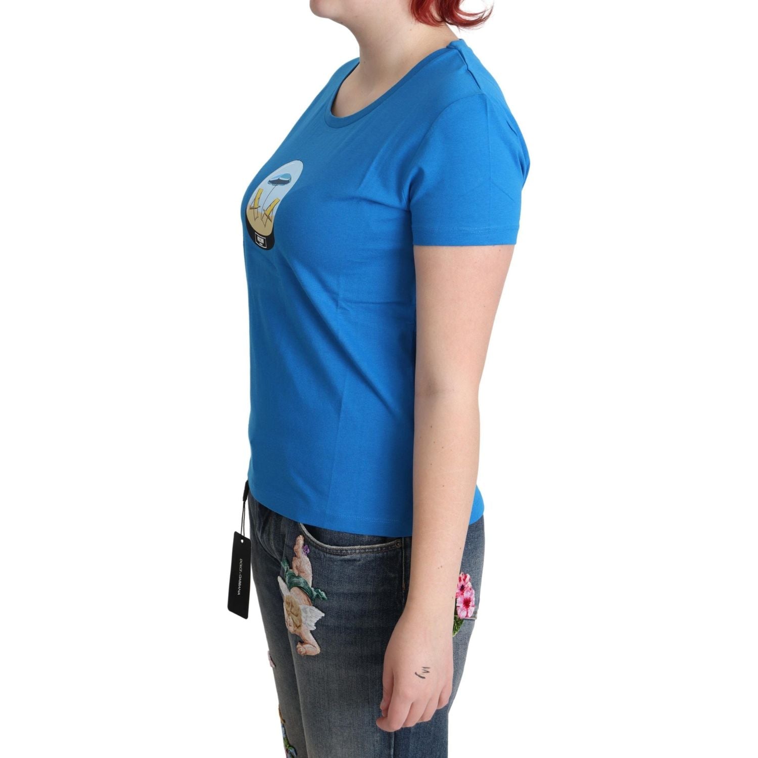 تي شيرت موسكينو شيك من القطن باللون الأزرق بطبعة أيقونية