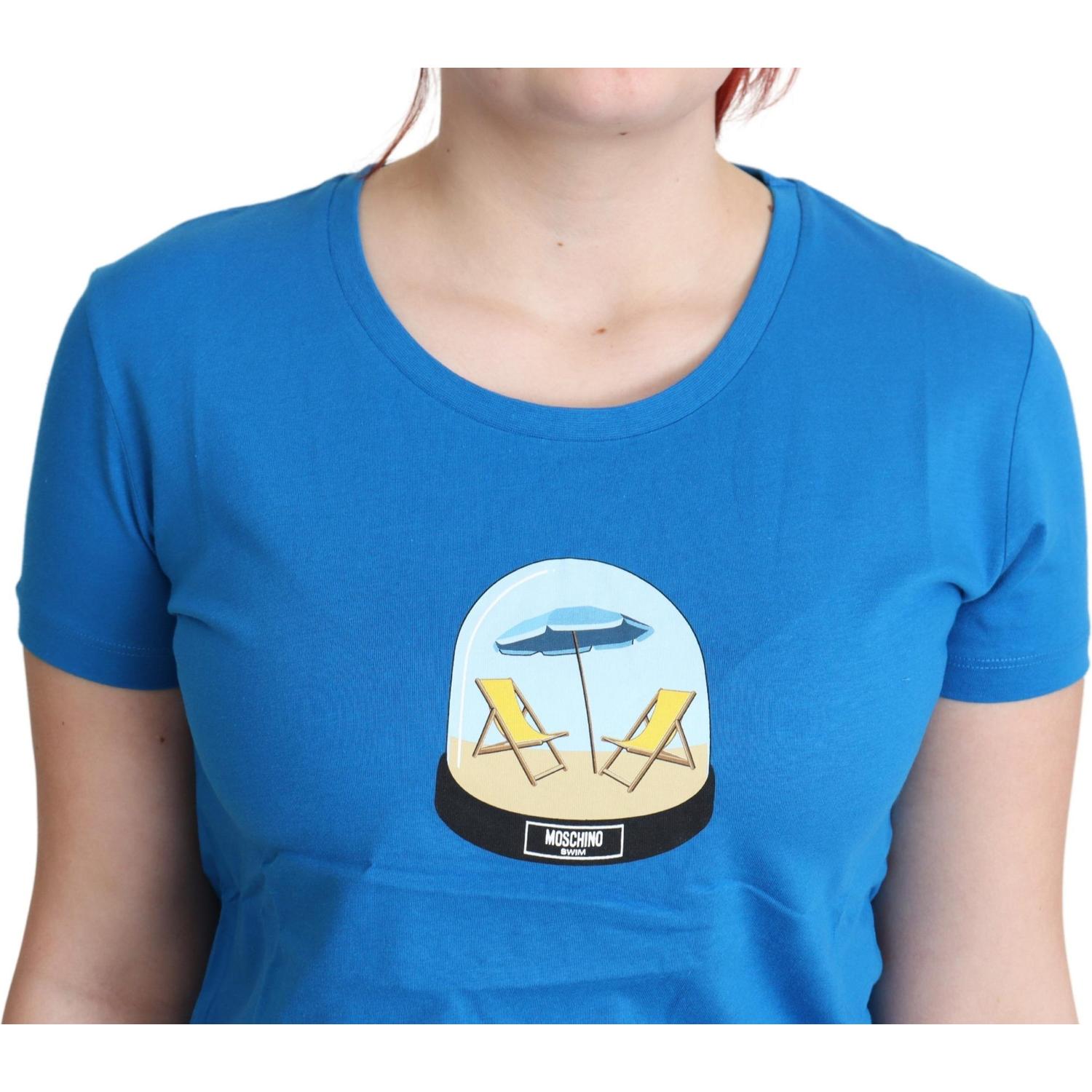 تي شيرت موسكينو شيك من القطن باللون الأزرق بطبعة أيقونية