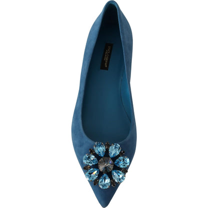 Dolce & Gabbana Blue Suede Crystals Loafers Flats Shoes