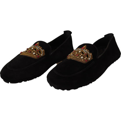 Dolce & Gabbana Black Leather Crystal Gold Crown Loafers Shoes