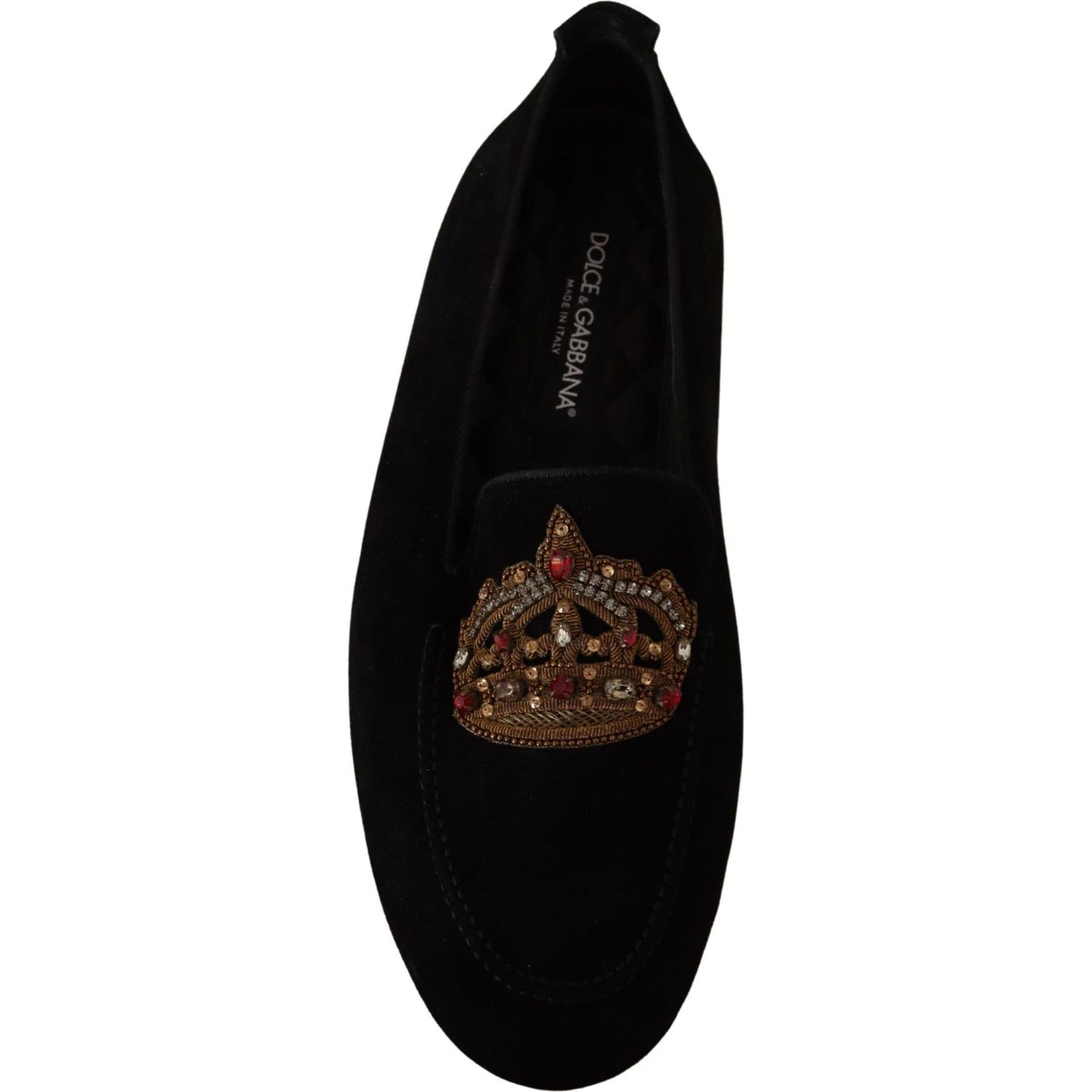 Dolce & Gabbana Black Leather Crystal Gold Crown Loafers Shoes