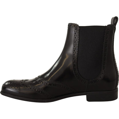 Dolce & Gabbana Black Leather Ankle High Flat Boots Shoes