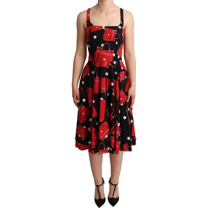 Dolce & Gabbana Black Red Bag Print A-line Mid Length Dress WOMAN DRESSES
