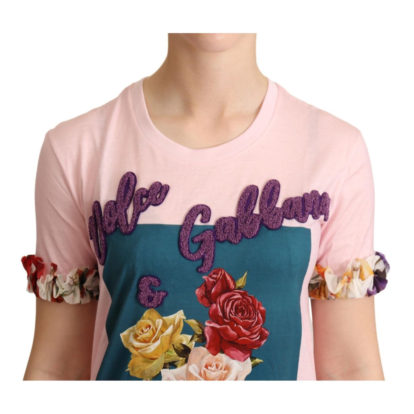 Dolce & Gabbana Pink Cotton Floral Roses Crewneck T-shirt