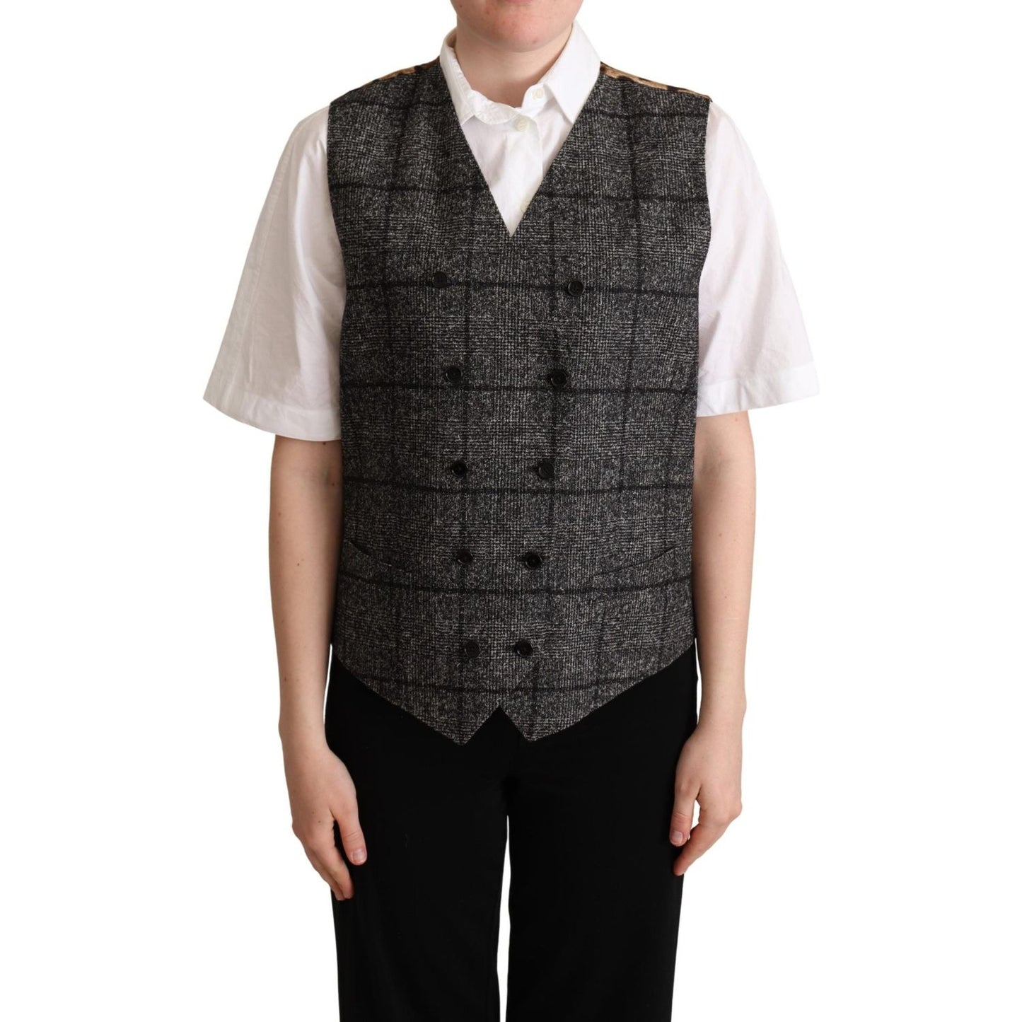 Dolce & Gabbana Gray Wool Leopard Print Waistcoat Vest