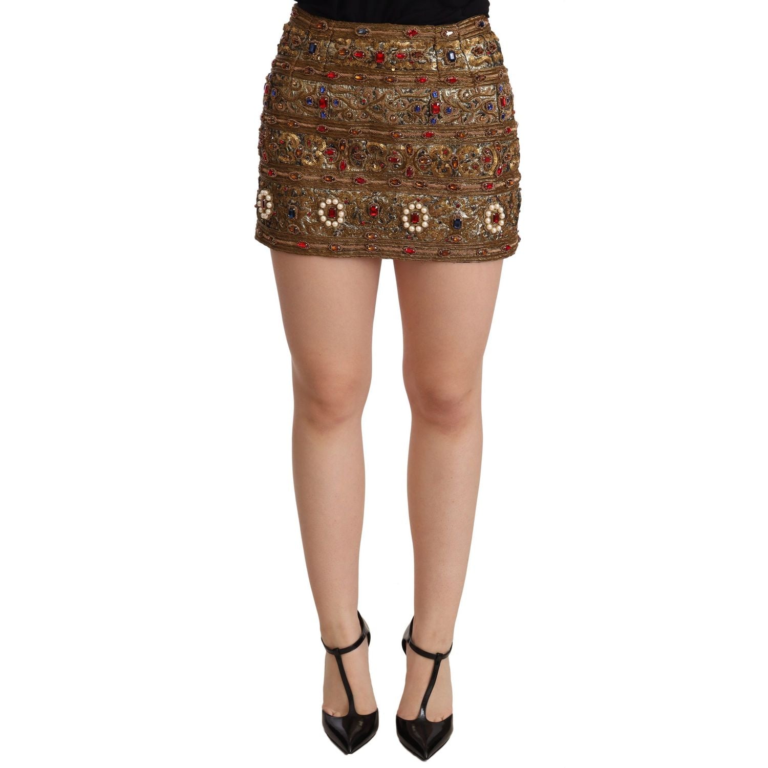 Dolce & Gabbana Gold Crystal Jacquard High Waist Skirt