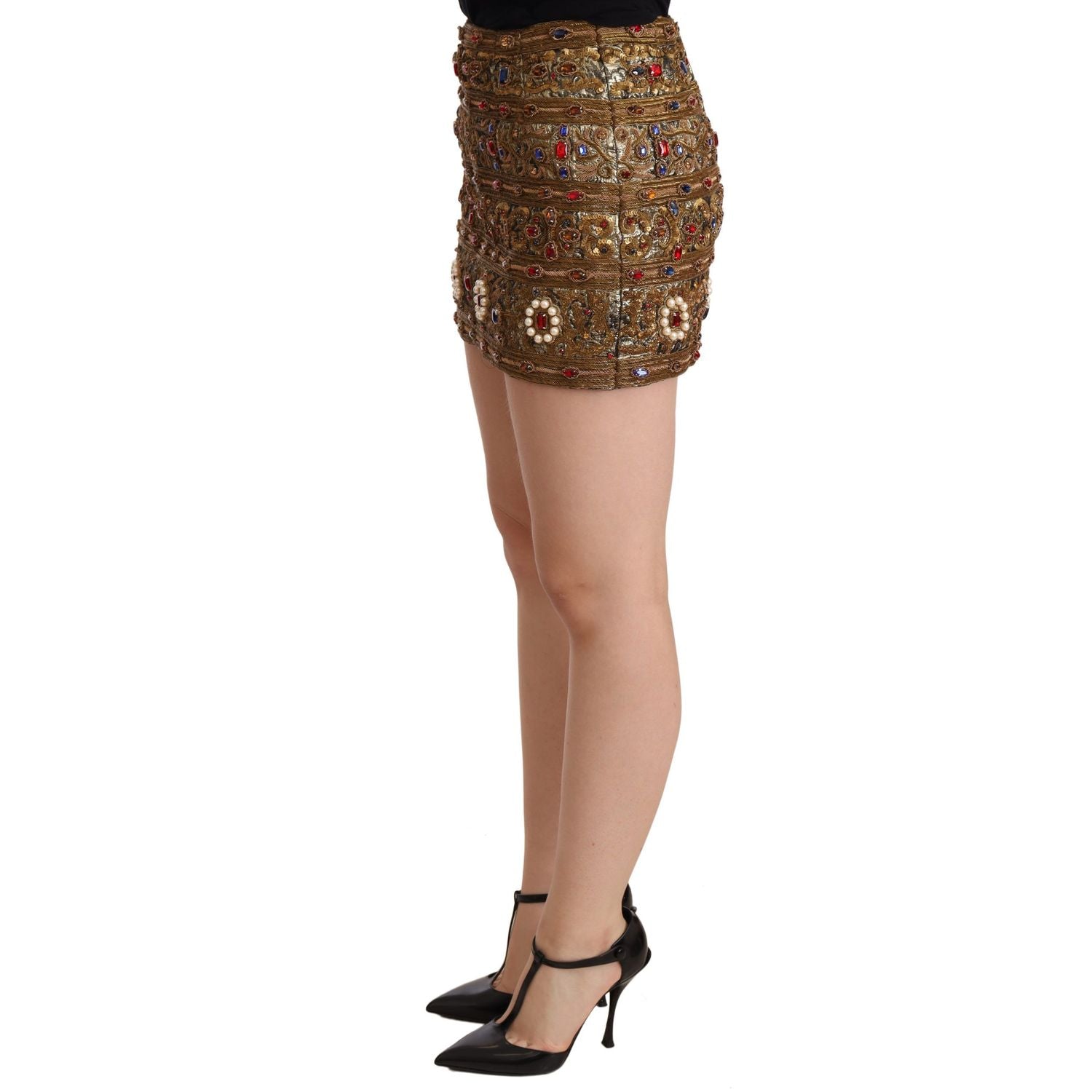 Dolce & Gabbana Gold Crystal Jacquard High Waist Skirt