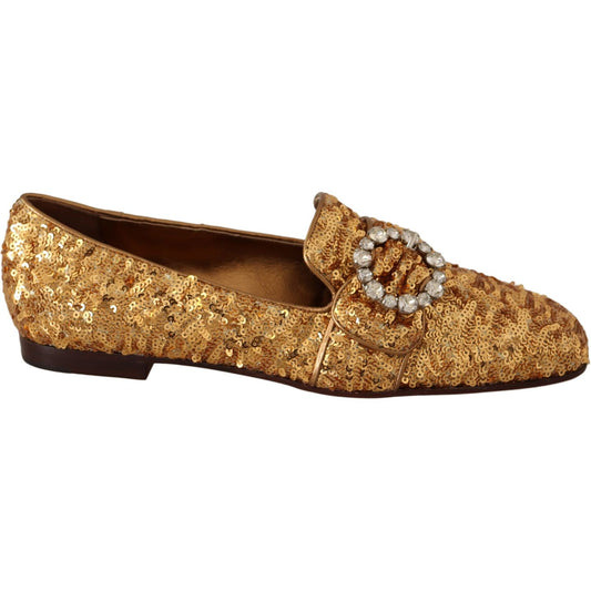 Dolce & Gabbana Gold Sequin Crystal Flat Women Loafers Shoes LA5112 -37