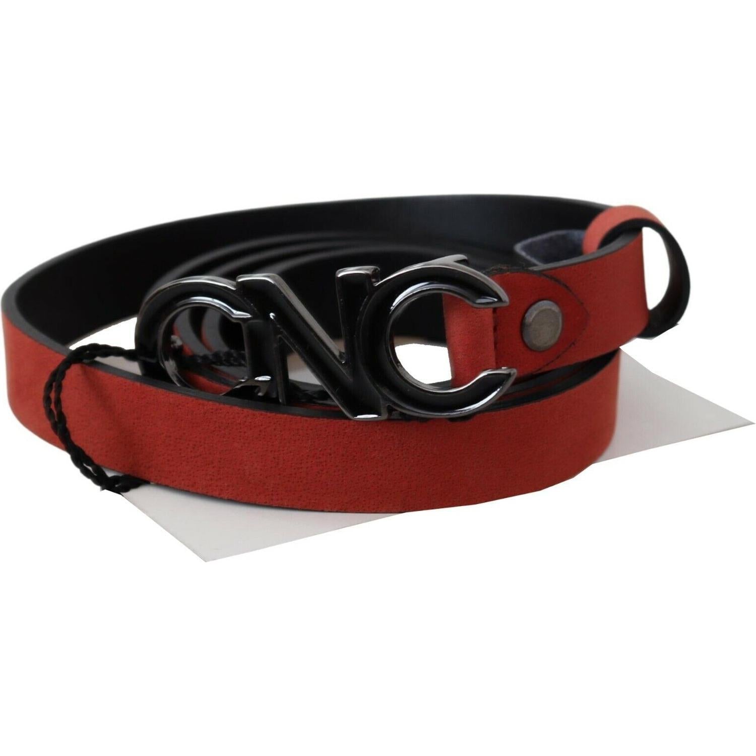 Costume National Red Black Leather Black Logo Buckle Blood Belt