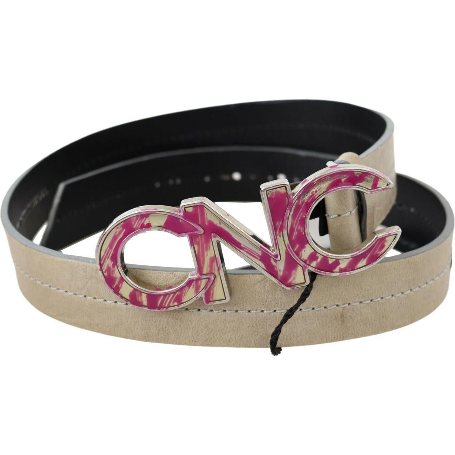 Costume National Beige Leather Pink Letter Logo Buckle Belt