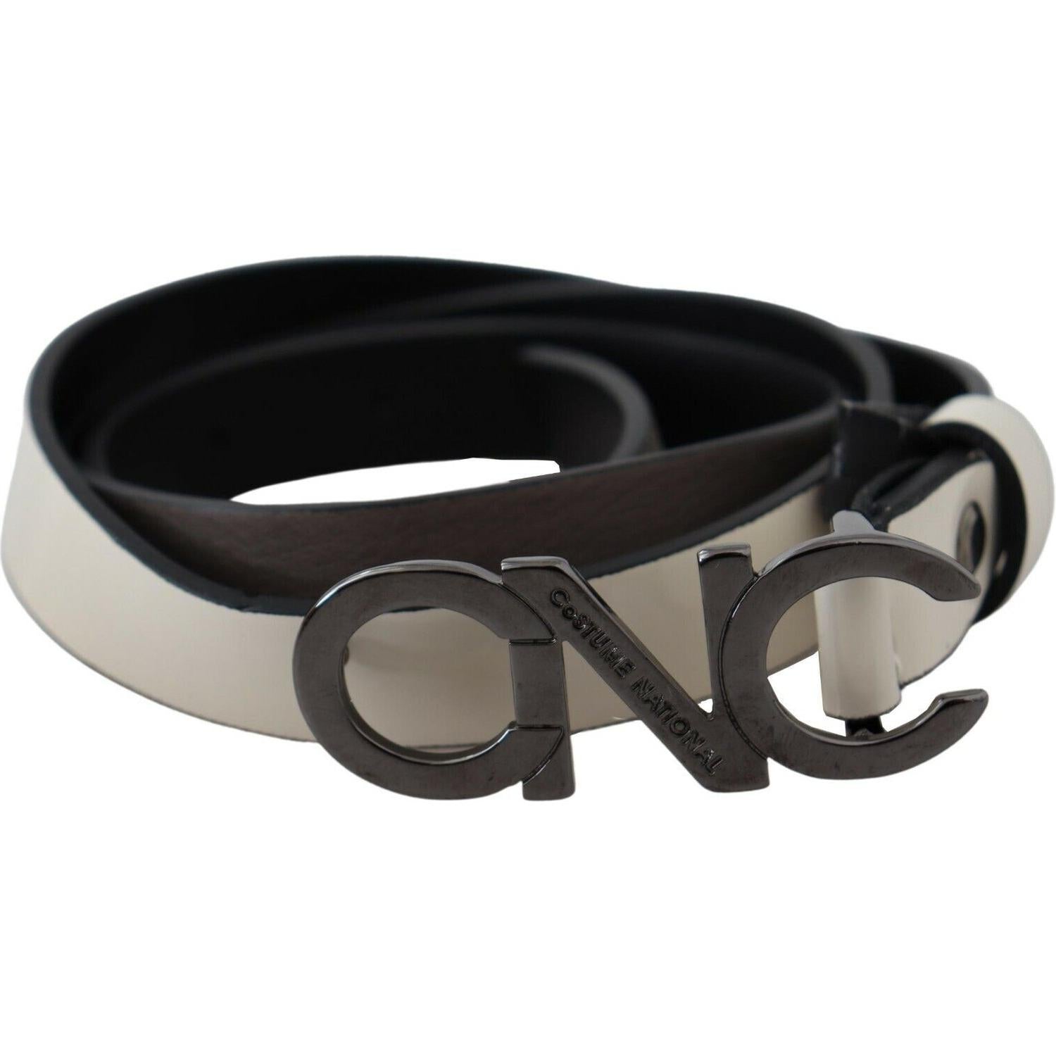 Costume National White Black Leather Letter Logo Buckle Belt