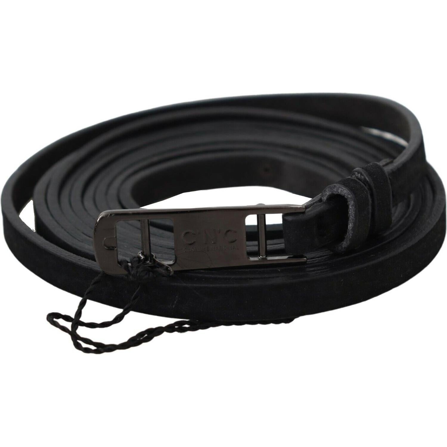 Costume National Black Leather Skinny Logo Buckle Belt