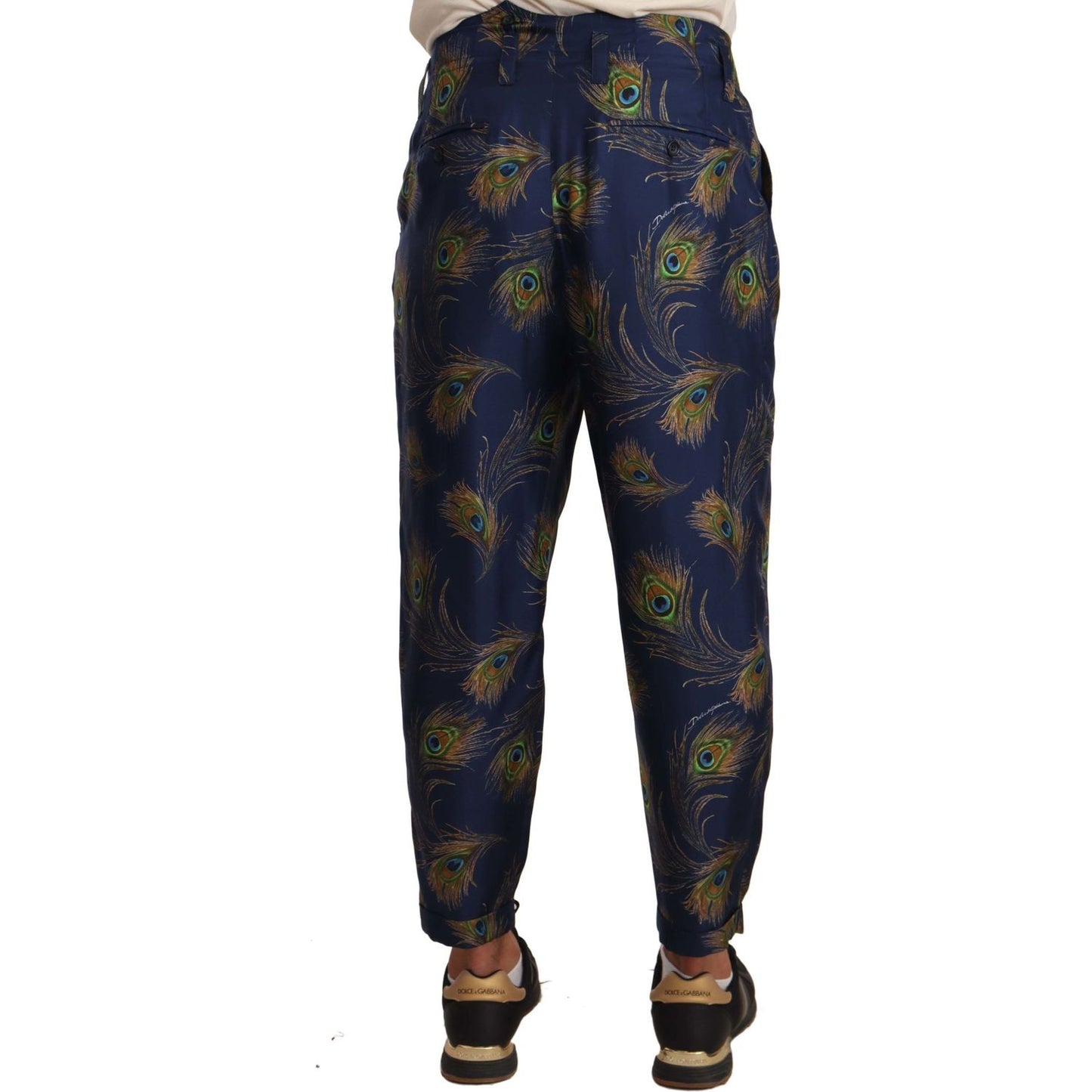 Dolce & Gabbana Blue Peacock Print Tapered Trousers Silk Pants MAN TROUSERS