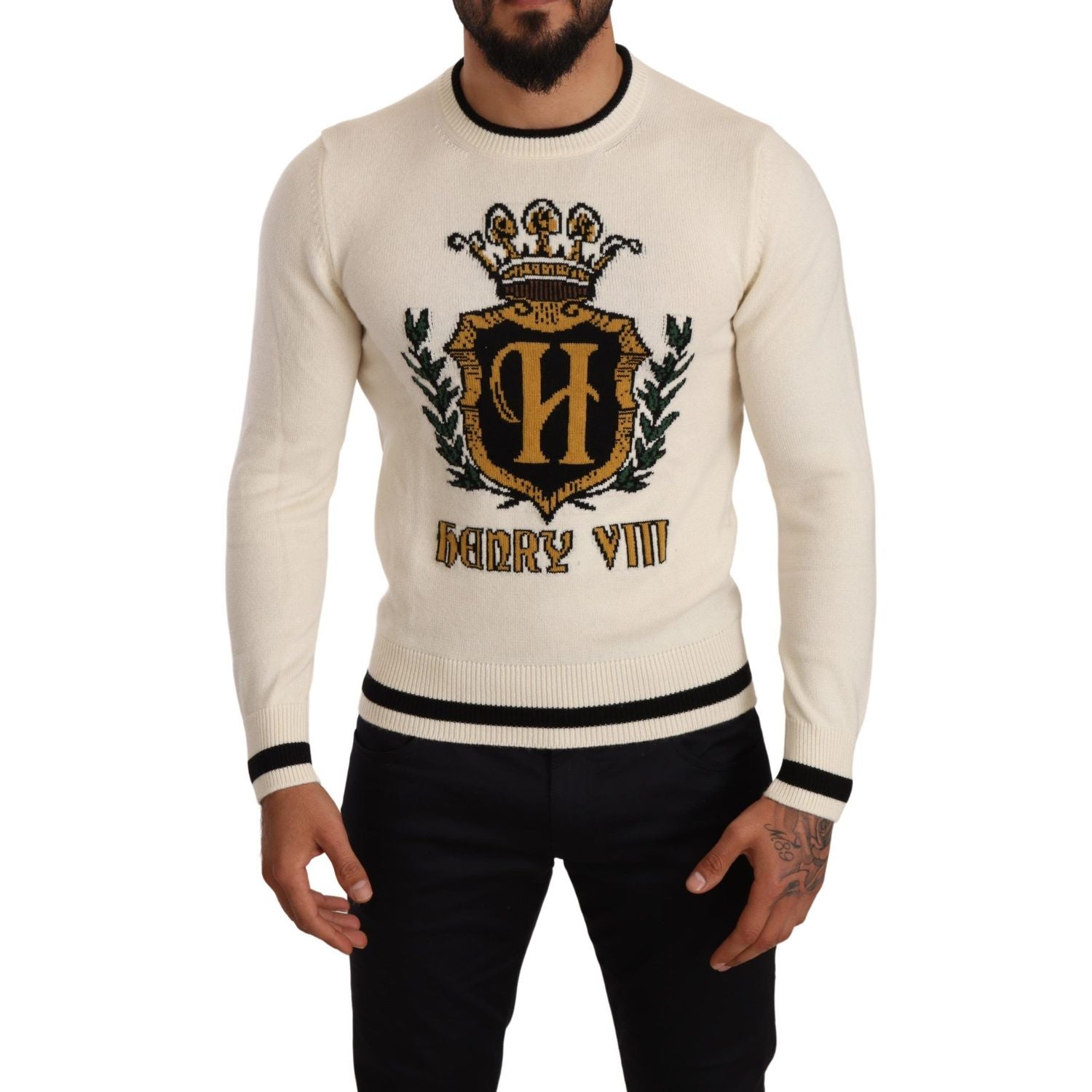 Dolce & Gabbana White Heraldic Cashmere Pullover Sweater