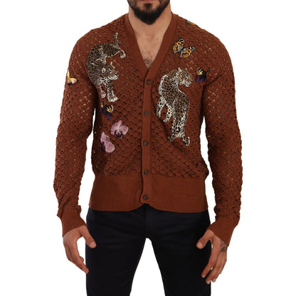 Dolce & Gabbana Brown Leopard Butterfly Cardigan Sweater MAN SWEATERS