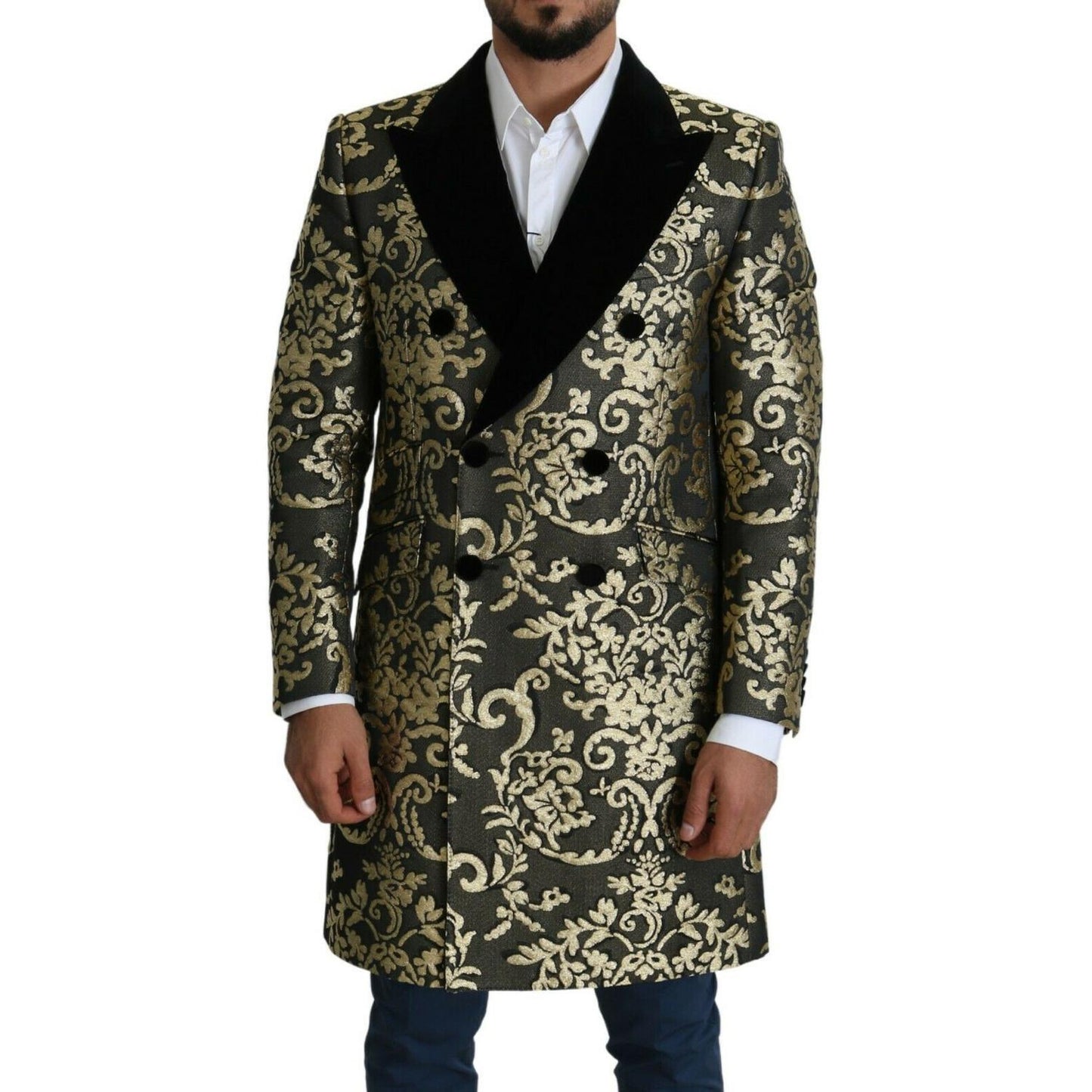 Dolce & Gabbana Black Gold Jacquard Long Coat SICILIA Jacket JKT2723- 46
