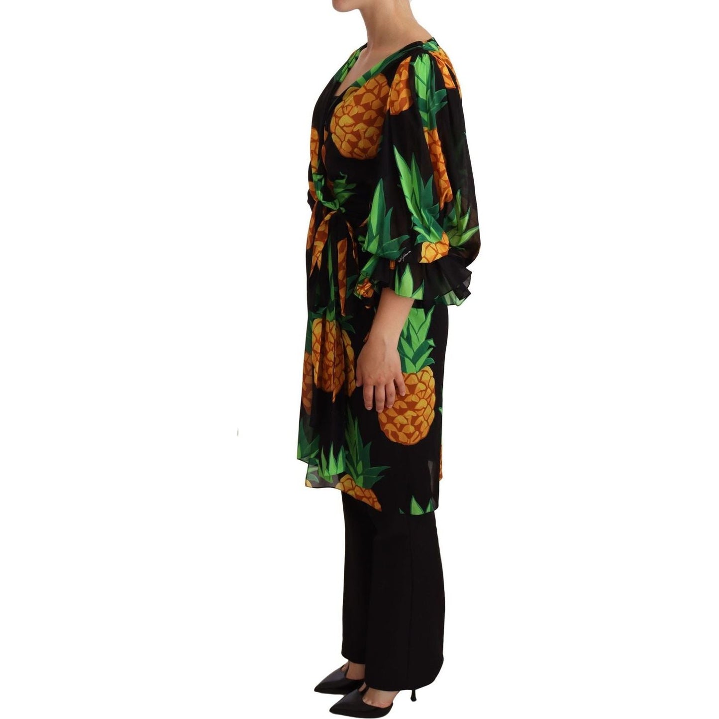 Dolce & Gabbana Black Ananas Print Wrap Stretch Silk Dress WOMAN DRESSES