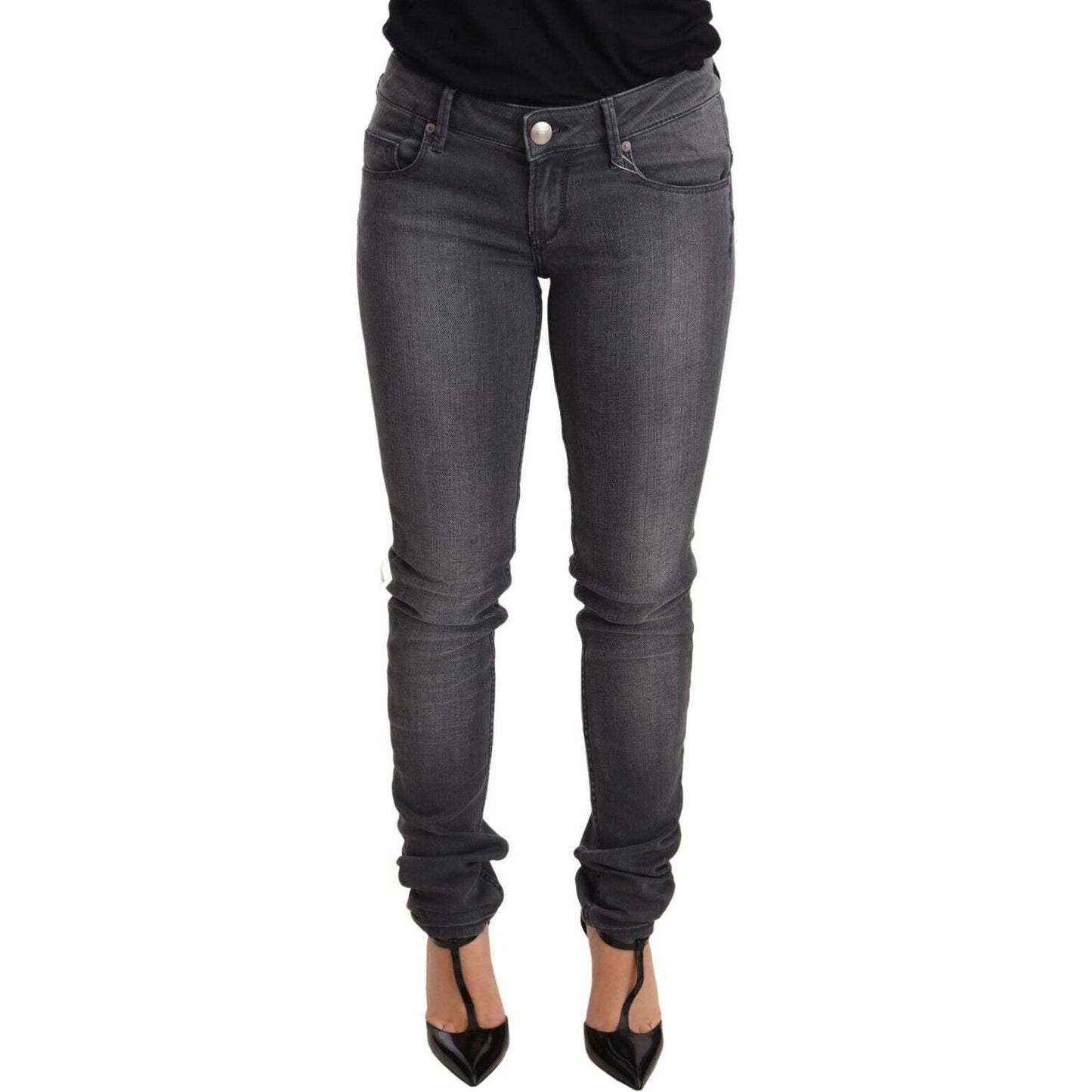 Acht Gray Washed Cotton Slim Fit Low Waist Women Denim Trouser Jeans Jeans & Pants