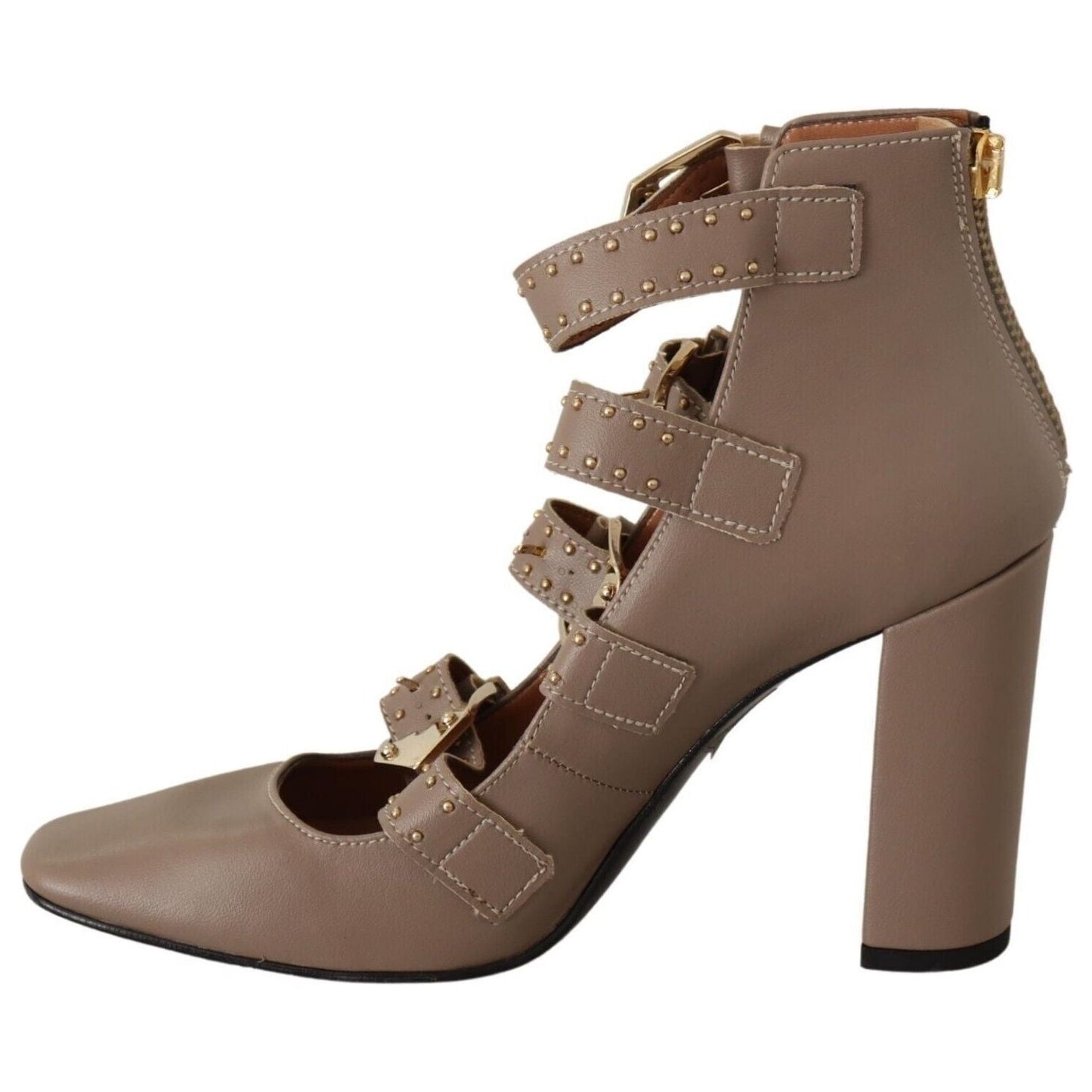 MY TWIN Brown Leather Block Heels Multi Buckle Pumps Shoes WOMAN PUMPS