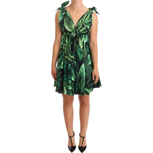 Dolce & Gabbana Elegant Flared Mini A-Line Dress in Green Leaf Print DR28286-38