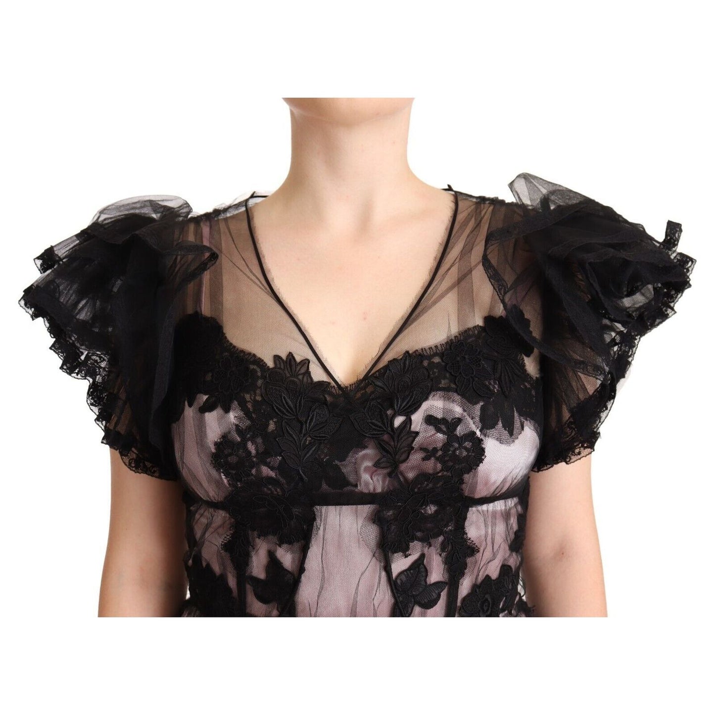 Dolce & Gabbana Black Pink Floral Lace A-line Midi Sheer Dress