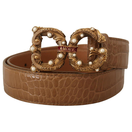 Dolce & Gabbana Brown Crocodile Pattern Leather Logo Amore Belt WOMAN BELTS