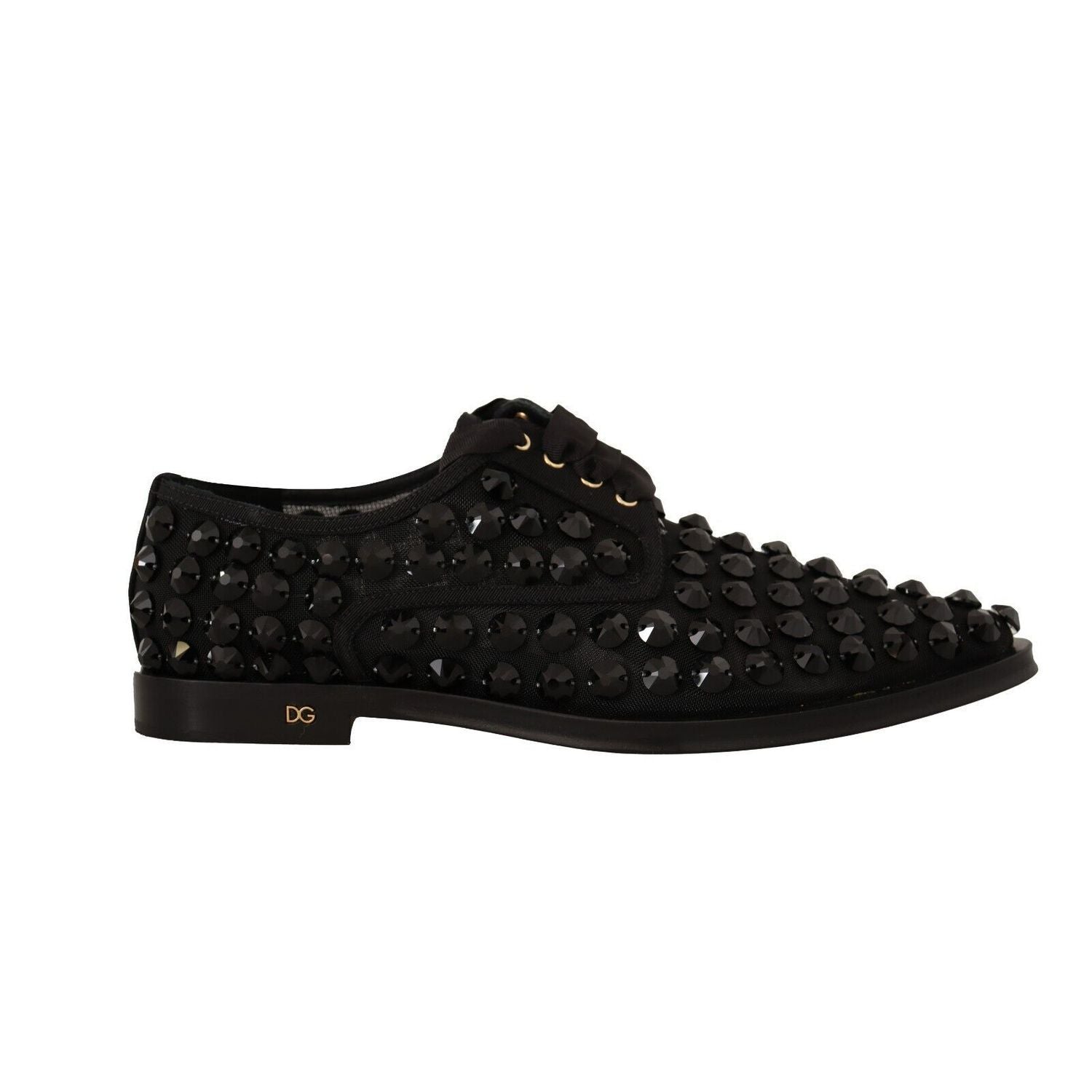 Dolce & Gabbana Black Lace Up Studded Formal Flats Shoes