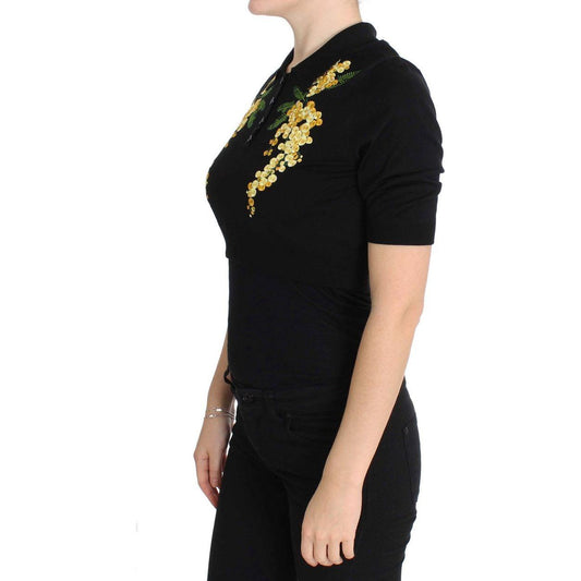 Dolce & Gabbana Black Silk Floral Embroidered Polo Top SIG20571-1