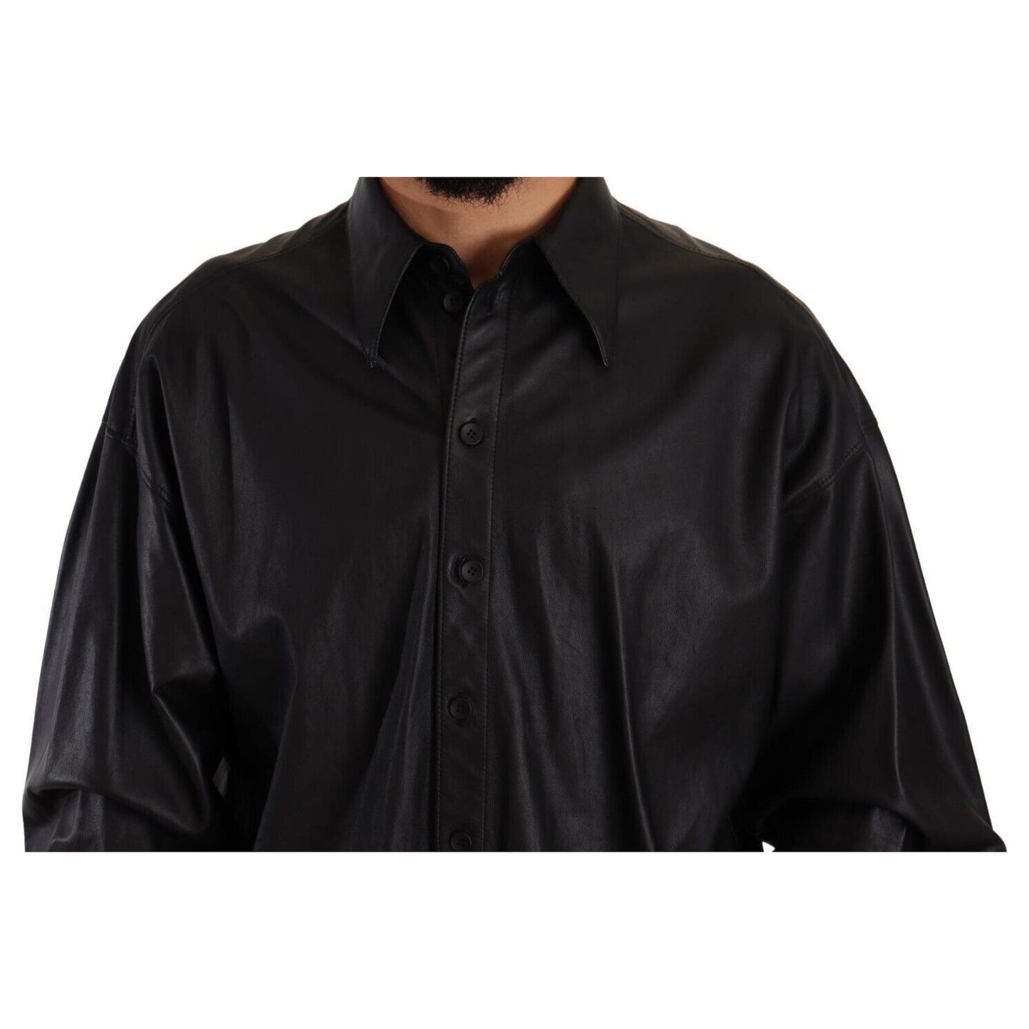 Dolce & Gabbana Black Leather Button Down Men Collared Jacket JKT3244 - 52