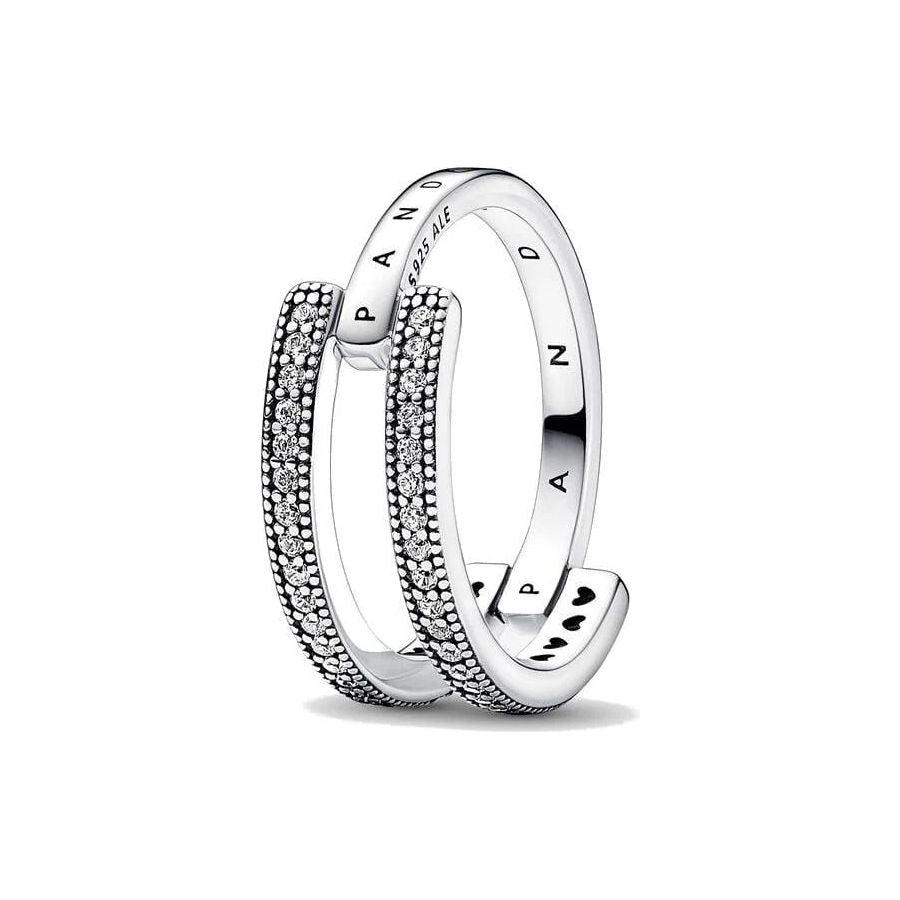 خاتم PANDORA JEWELS Mod. SIGNATURE LOGO &amp; PAVE DOUBLE BAND - مقاس 54