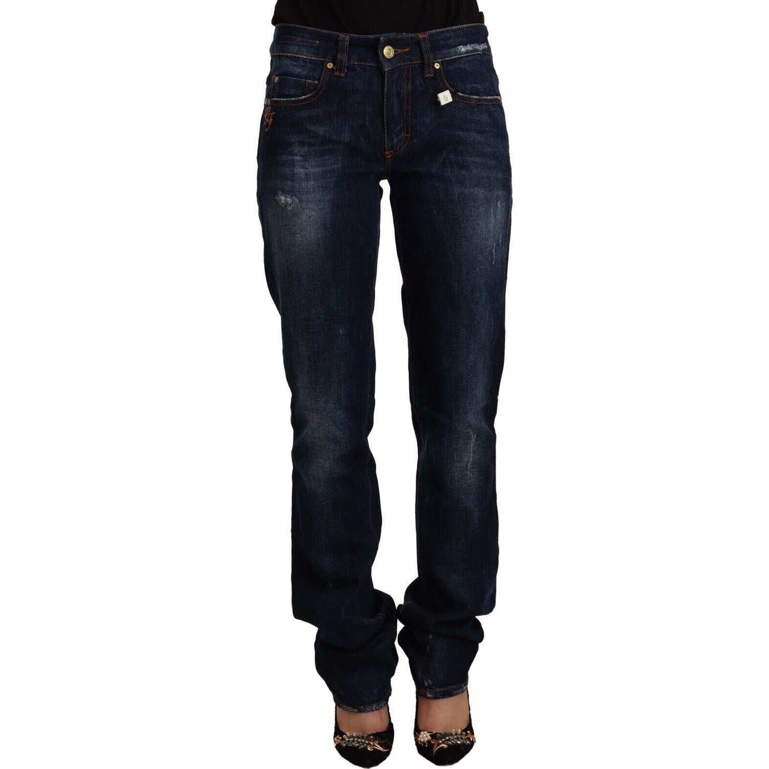 GF Ferre Dark Blue Washed Mid Waist Cotton Denim Straight Jeans