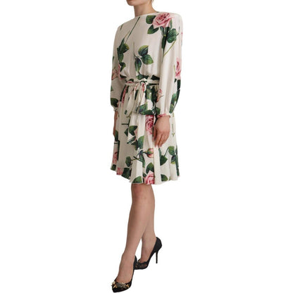 Dolce & Gabbana White Rose Print Long Sleeves A-line Dress
