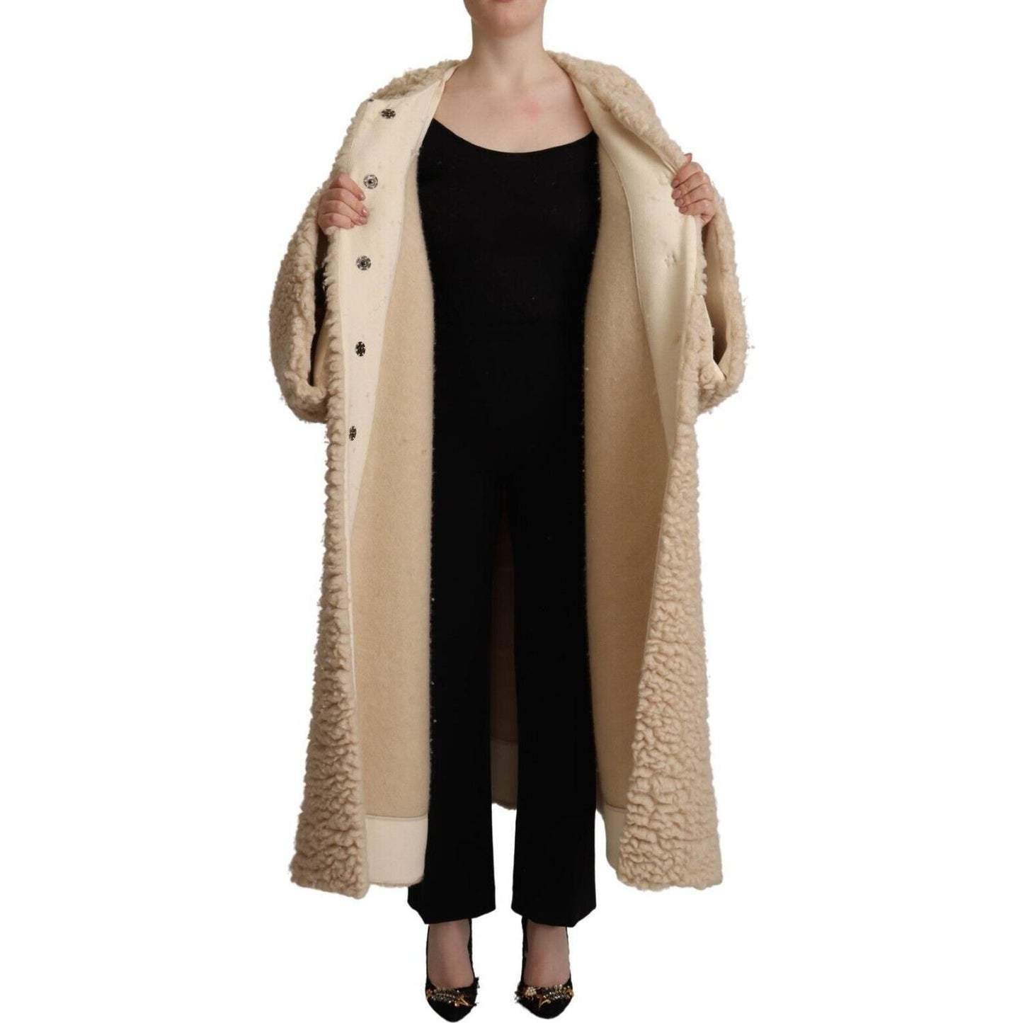 Dolce & Gabbana Beige Cashmere Wool Faux Fur Coat Jacket