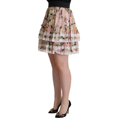 Dolce & Gabbana Pink Lily Print Silk Mini Tiered A-line Skirt