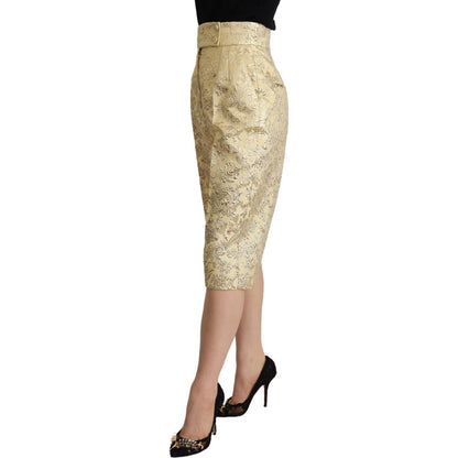Dolce & Gabbana Beige Floral Brocade High Waist Trouser Cropped Pants