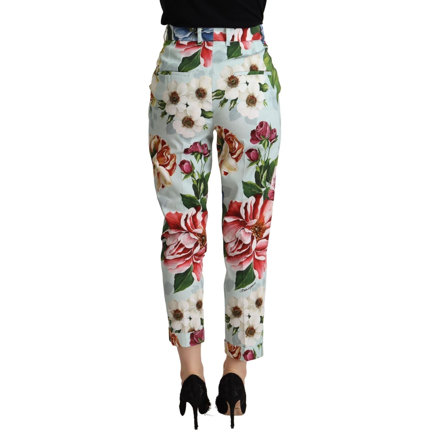 Dolce & Gabbana Light Blue Fiori Print Cotton Trouser Tapered Pants