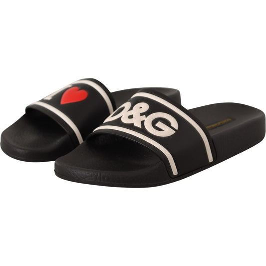 Dolce & Gabbana Black Leather I Love D&G Slides Sandals LA9766- 35