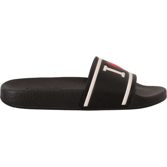 Dolce & Gabbana Black Leather I Love D&G Slides Sandals LA9766- 35