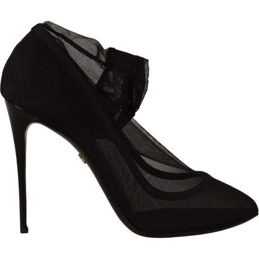 Dolce & Gabbana Black Tulle Stretch Boots Pumps Shoes LA9800- 35
