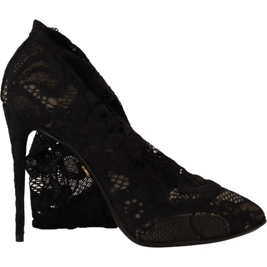 Dolce & Gabbana Black Stretch Socks Taormina Lace Boots Shoes LA9806- 38.5