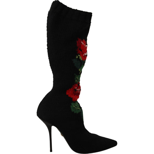 Dolce & Gabbana Black Stretch Socks Red Roses Booties Shoes LA9814- 35.5