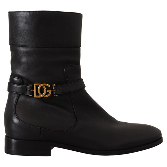 Dolce & Gabbana Black Leather Flats Logo Short Boots Shoes LA9856 - 36