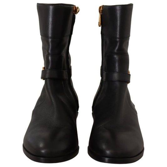 Dolce & Gabbana Black Leather Flats Logo Short Boots Shoes LA9856 - 36