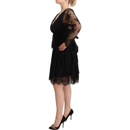 Aniye By Black Floral Lace Cotton Long Sleeves V-neck Shift Dress DR28361 - 44