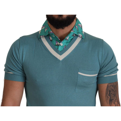 Dolce & Gabbana Blue Silk Polo Top Mens V-neck T-shirt